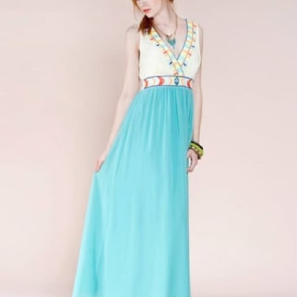 Flying Tomato Embroidered Empire Waist Tropical Beach Chiffon Maxi Dress L - Picture 3 of 8